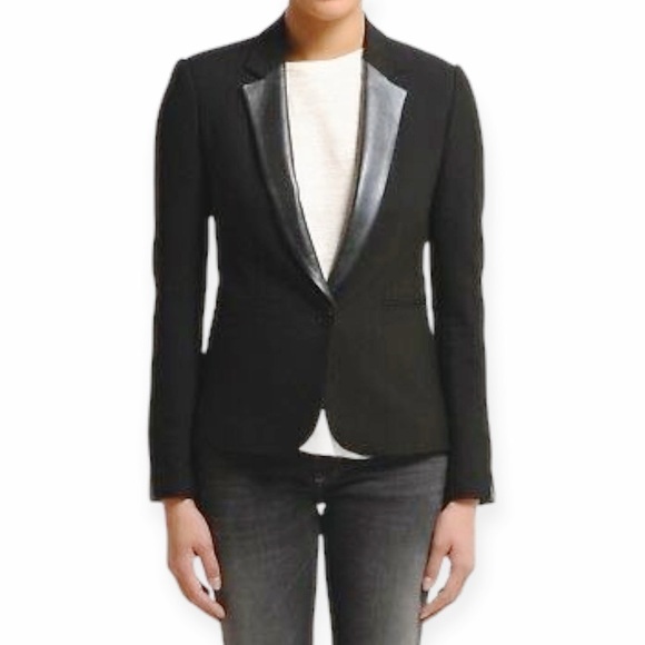 Maje Ritz Black Blazer with Lamb Leather Trim, Size 36FR - Picture 1 of 14